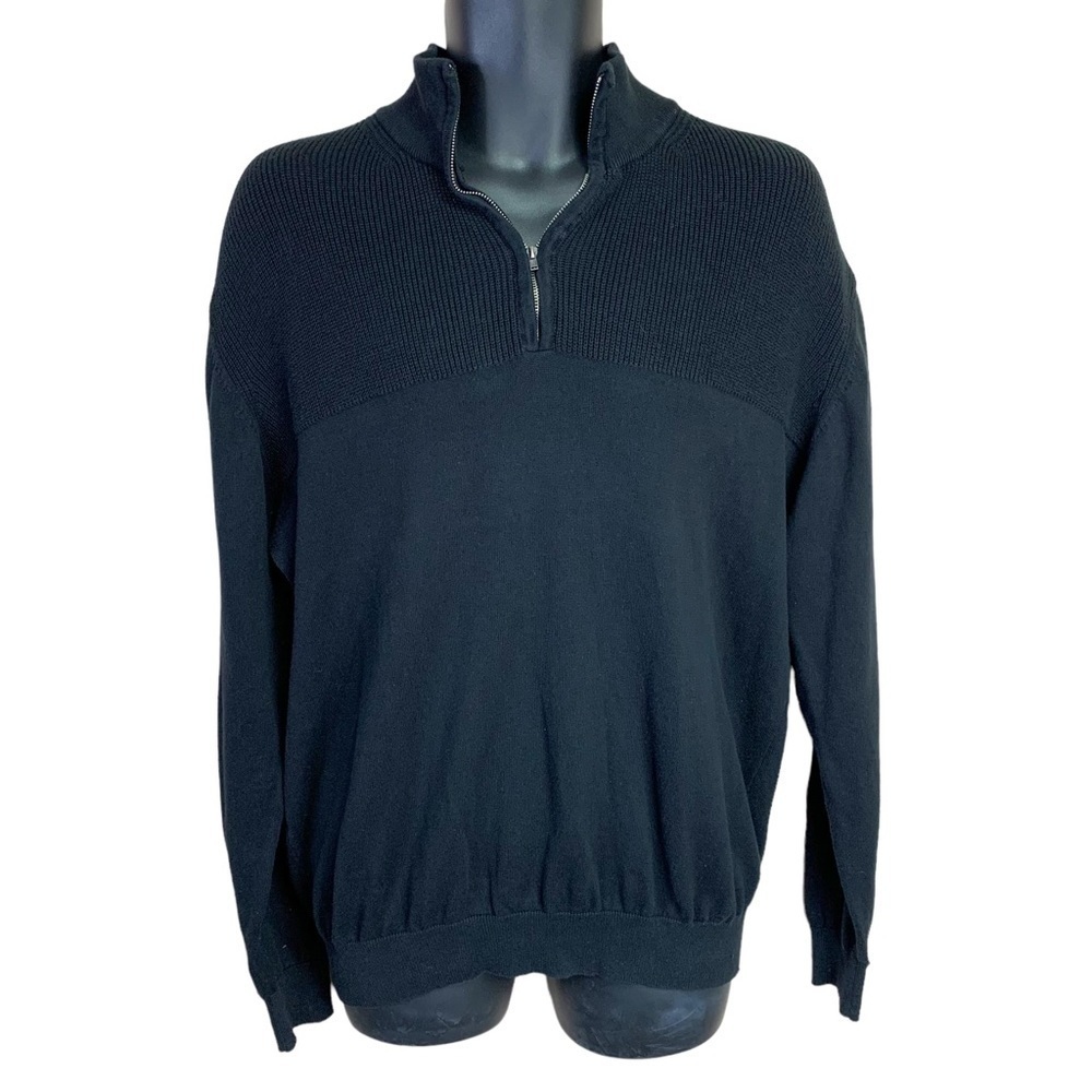 Large Mens Black Cotton Sweater Zip Collar Pullover Stretch Academia